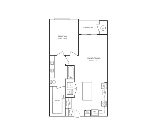 Floor plan for 1 bed, 1 bath, 827 sqft